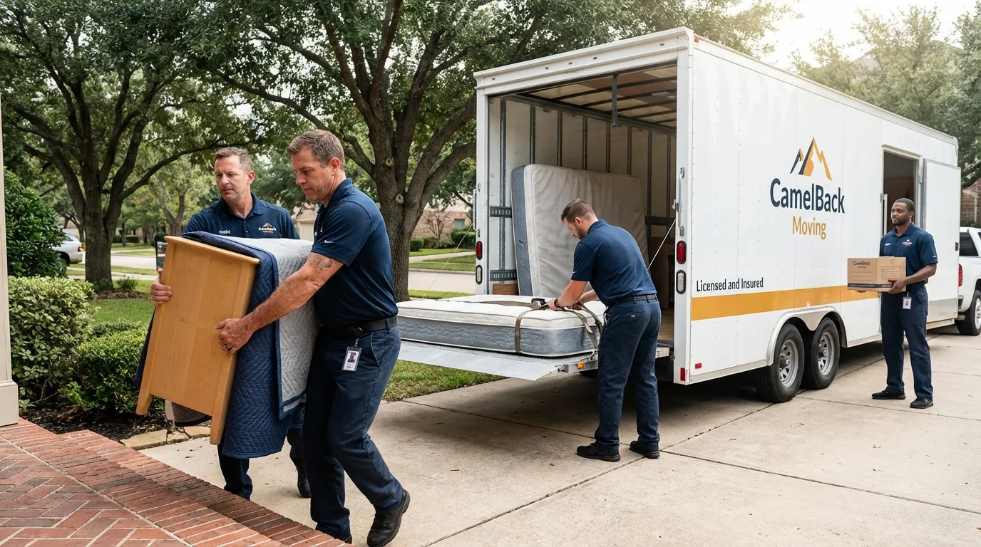 Crew loading residential truck for cross-state move from Harrisburg, OR