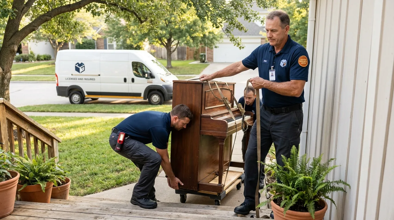 Licensed piano movers securing grand piano in Harrisburg, OR
