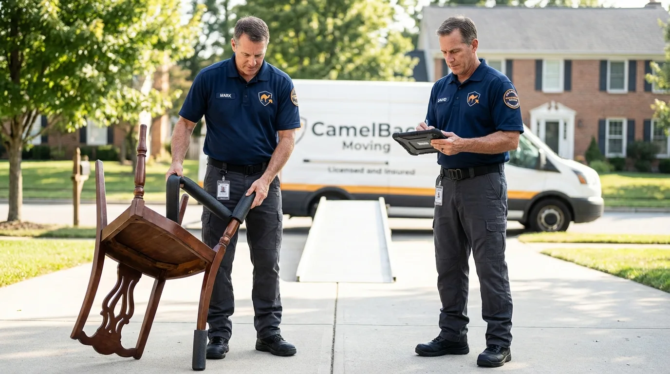 Movers inspecting furniture for damage prevention before loading in Harrisburg, OR
