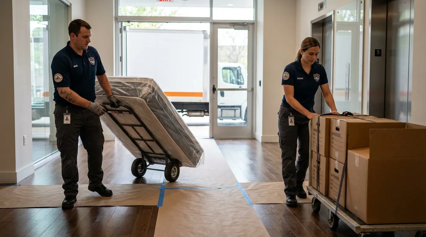 Professional apartment movers loading elevator in Harrisburg, OR